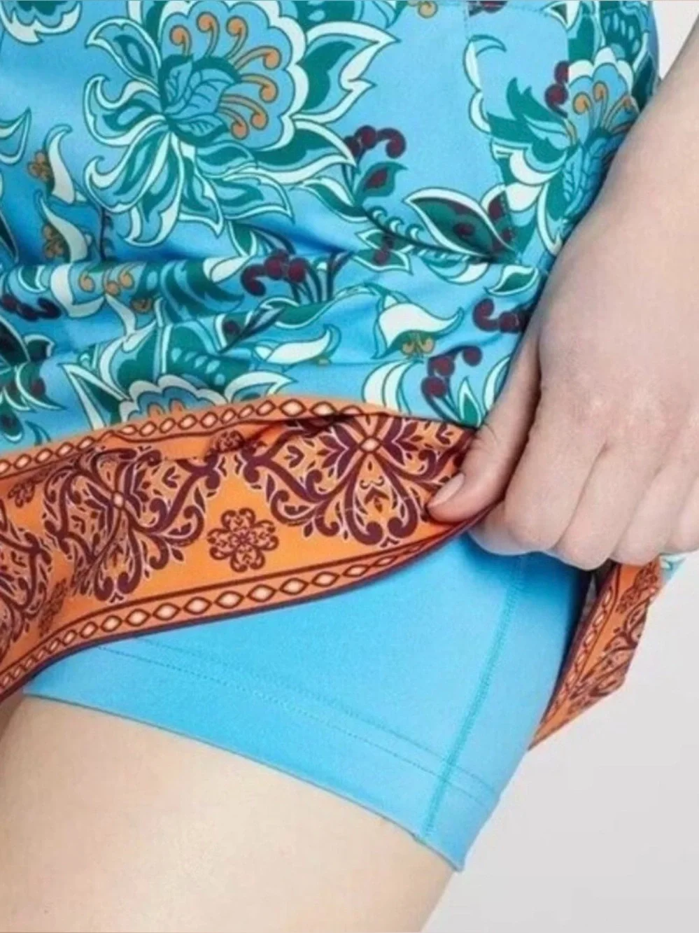 Lady Hagen Turquoise Blue Floral Mini Skirt/Skort with Orange Hem, Size 2